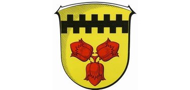 Wappen mit drei roten Haselnüssen auf gelben Grund und schwarze gegengezinnte Balken